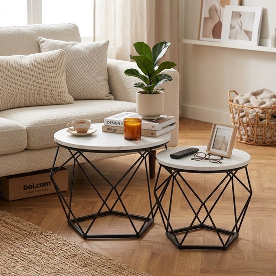 MAZAZU Set van 2 Ronde Bijzettafels - Marmerlook & Zwart - 50x40 cm