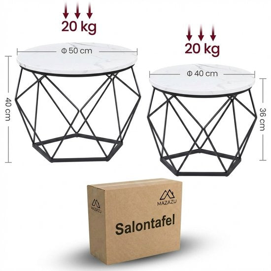 MAZAZU Set van 2 Ronde Bijzettafels - Marmerlook & Zwart - 50x40 cm