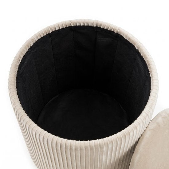 MAZAZU Opvouwbare Poef met Opbergruimte - Rond - Velvet - Beige - 36 x 36 x 44 cm