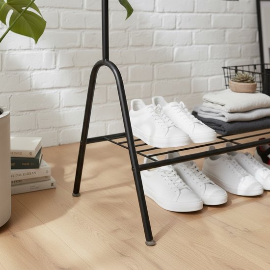 MAZAZU Industrieel Kledingrek Zwart - Compact (33cm Diep) - 147cm Hoog - Metaal Garderoberek met Schoenenrooster & Haken - A-Frame - Staand