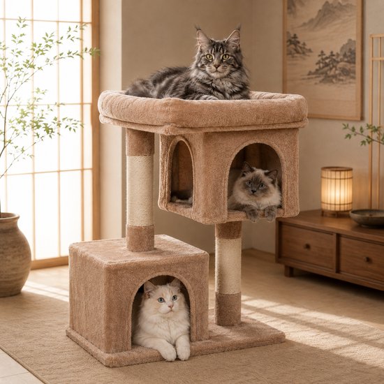 MAZAZU Krabpaal voor Katten Compact - 2 Kattenhuisjes & Ligbed - Sisal - 84 cm - Koffiebruin