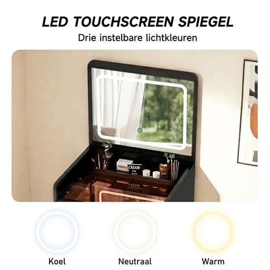 MAZAZU Kaptafel met LED-spiegel, Nachtkastje en Krukje - Zwart - 120x48x40 cm