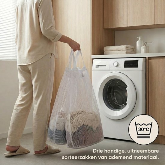 MAZAZU Wasmand 3 Vakken 150L met Deksel, Beige & Bamboe – foto 5