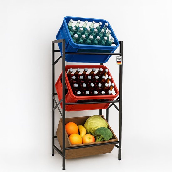MAZAZU Krattenrek voor 3 Kratten - Drankenrek - Smal Metalen Opbergrek - Zwart - 49x32x108 cm