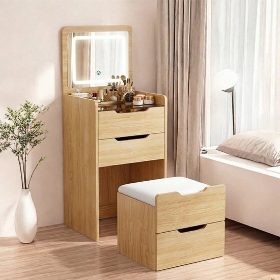 MAZAZU Kaptafel met LED-spiegel, Nachtkastje en Krukje - Naturel Hout - 120x48x40 cm