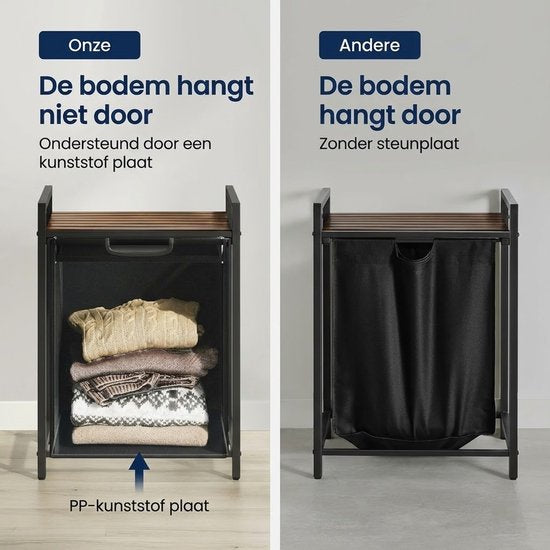 MIRA Home - Wasmand - Wasmand met plank - Was opberger - Vintage - Bruin - Zwart - 50x33x72