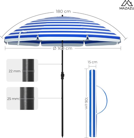 MAZAZU Stokparasol Waterdicht - 180x160 cm