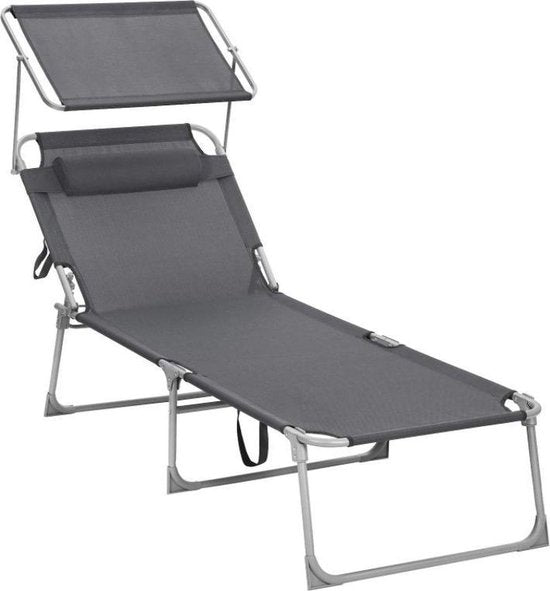 MIRA Home Ligbed met Zonnescherm - Verstelbaar - 193x32x63cm - Grijs - Tuinligstoel