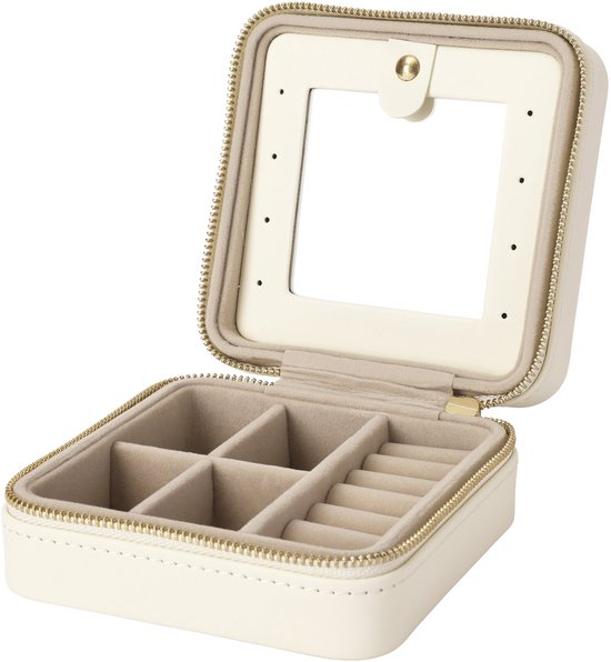 MAZAZU Reis Sieradendoos met Spiegel - Crème - 11,2 x 11,5 x 5,5 cm