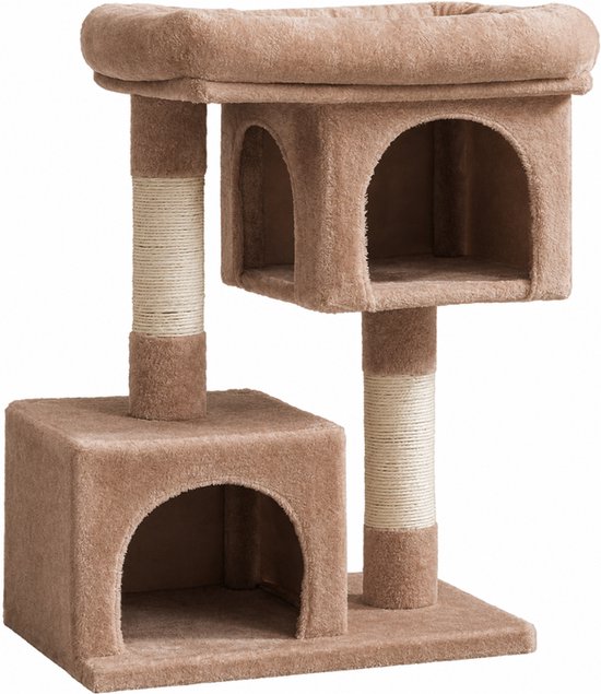 MAZAZU Krabpaal voor Katten Compact - 2 Kattenhuisjes & Ligbed - Sisal - 84 cm - Koffiebruin