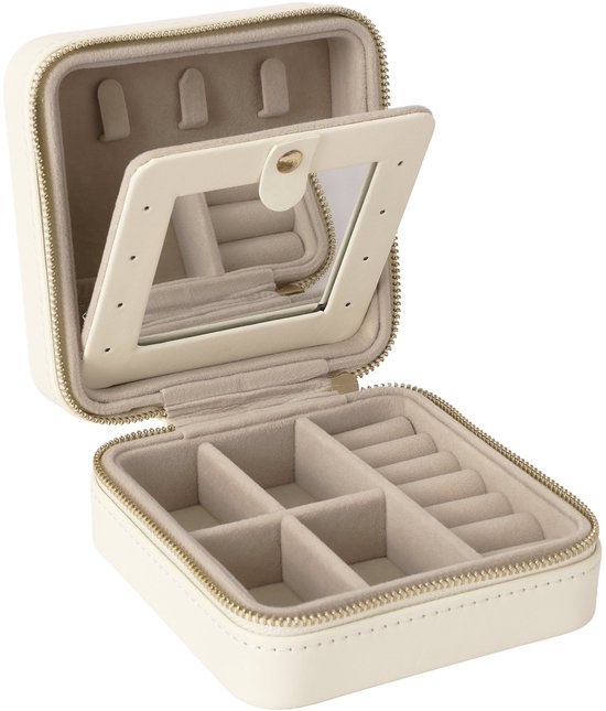 MAZAZU Reis Sieradendoos met Spiegel - Crème - 11,2 x 11,5 x 5,5 cm