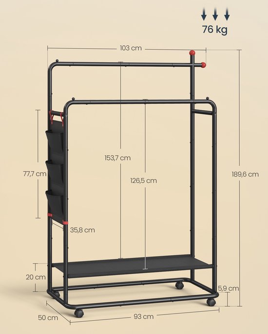 MAZAZU Dubbel Kledingrek op Wielen, Zwart Metaal, 189 cm Hoog, Belastbaar tot 76 kg, Kapstok – foto 5