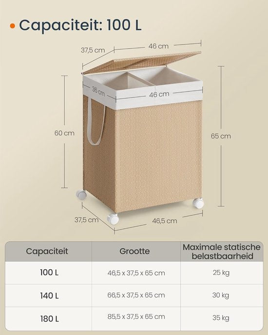 MAZAZU - Wasmand - 2 Compartimenten - Met Wielen - Beige - 46.5x37.5x65