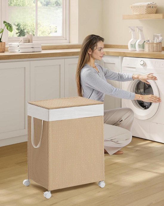 MAZAZU - Wasmand - 2 Compartimenten - Met Wielen - Beige - 46.5x37.5x65