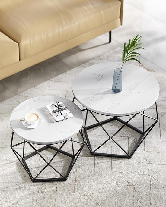 MAZAZU Set van 2 Ronde Bijzettafels - Marmerlook & Zwart - 50x40 cm