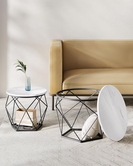 MAZAZU Set van 2 Ronde Bijzettafels - Marmerlook & Zwart - 50x40 cm
