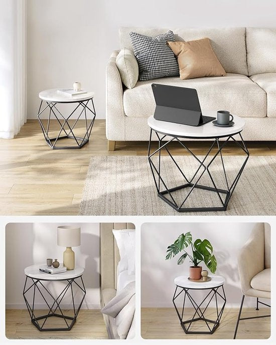 MAZAZU Set van 2 Ronde Bijzettafels - Marmerlook & Zwart - 50x40 cm