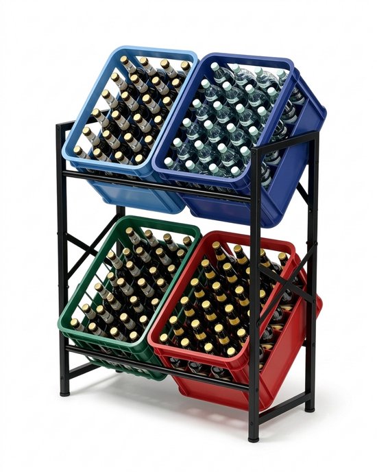 MAZAZU Krattenrek voor 4 Kratten - Drankenrek - 2 Etages - Zwart