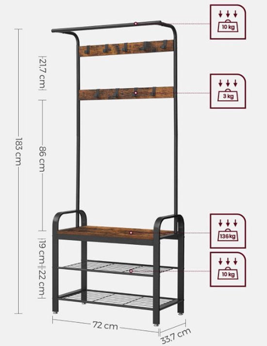 MAZAZU Kapstok met Schoenenrek, Industrieel, Bruin/Zwart, 72x34x183 cm – foto 4