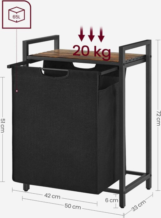 MIRA Home - Wasmand - Wasmand met plank - Was opberger - Vintage - Bruin - Zwart - 50x33x72