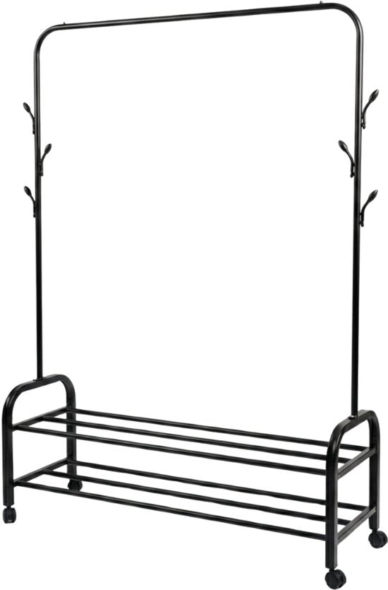 MAZAZU Industrieel Kledingrek Zwart - 165cm Hoog - Minimalistisch Garderoberek met Schoenenrooster & Haken - A-Frame Design - Staand