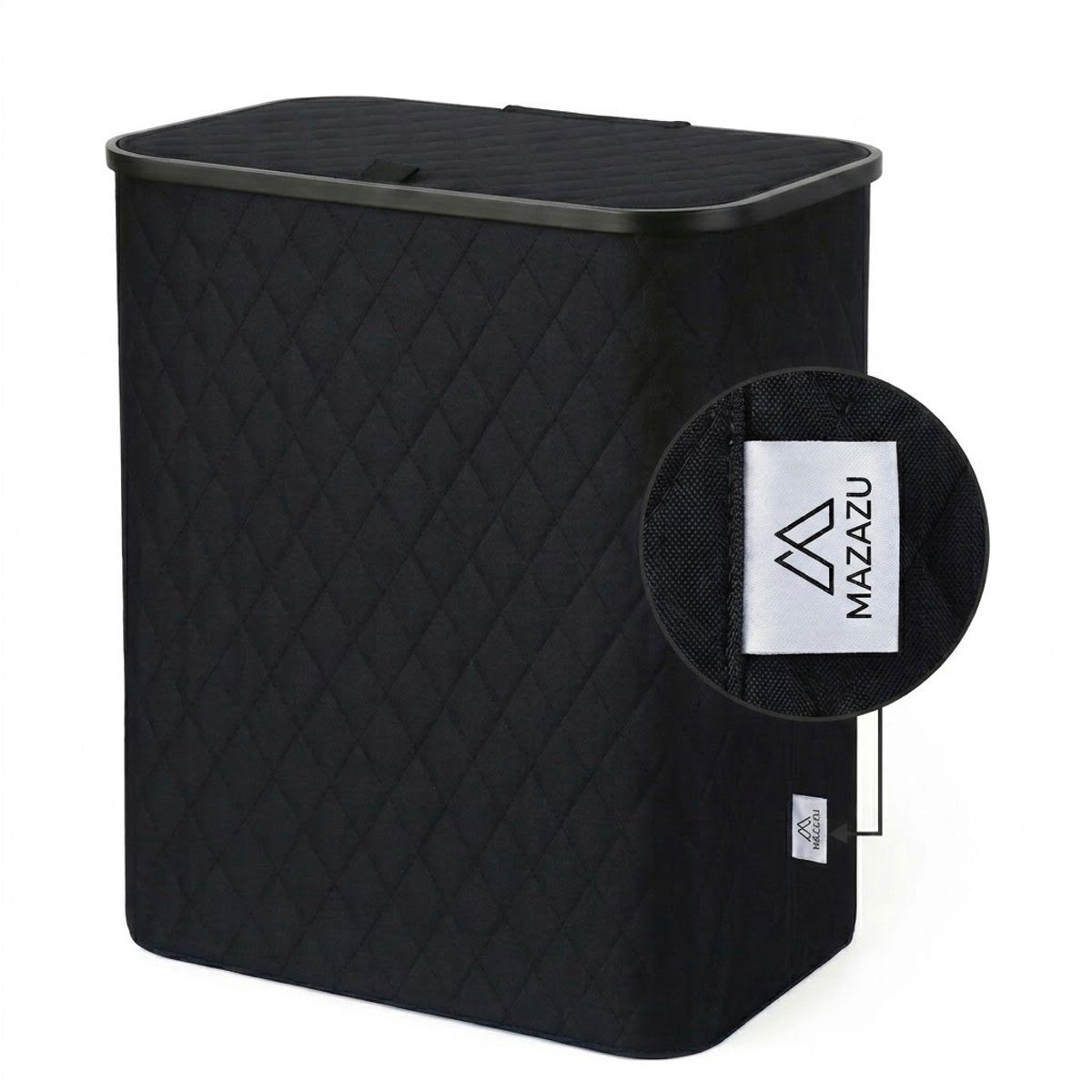 MAZAZU Wasmand met Deksel & Uitneembare Waszak - XXL 132 Liter - Diamond Stitch - Bamboe Frame - Zwart - 57x37x63 cm