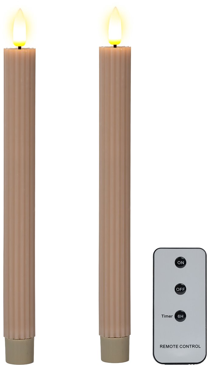 OMNIEXA LED Dinerkaarsen Set (2 Stuks) - Ribbed Design Taupe - 24,5cm