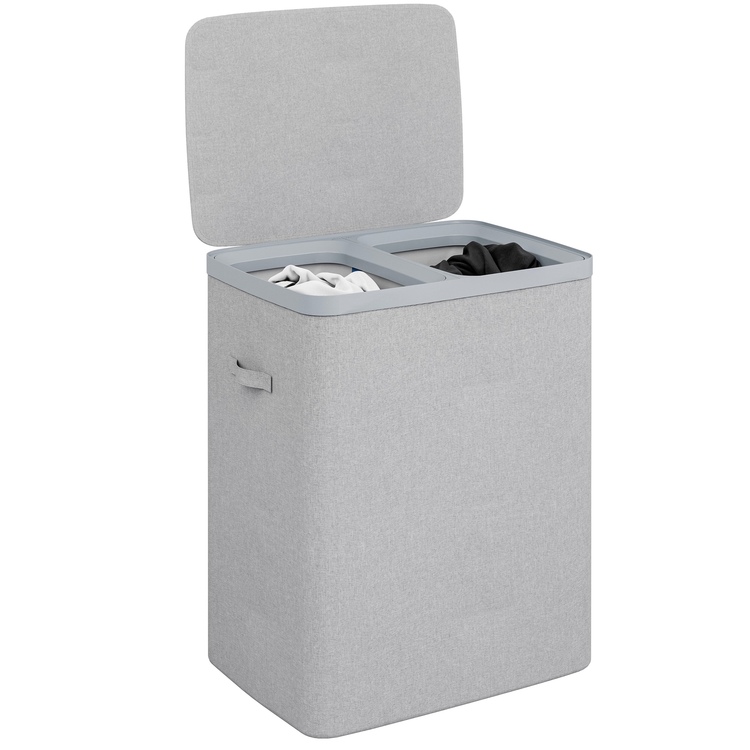 MAZAZU Wasmand met 2 Vakken - 100 Liter - Wassorteerder met Deksel - Uitneembare Waszakken - Lichtgrijs - Opvouwbare Wasbox voor Badkamer & Slaapkamer - 56×40×67 cm