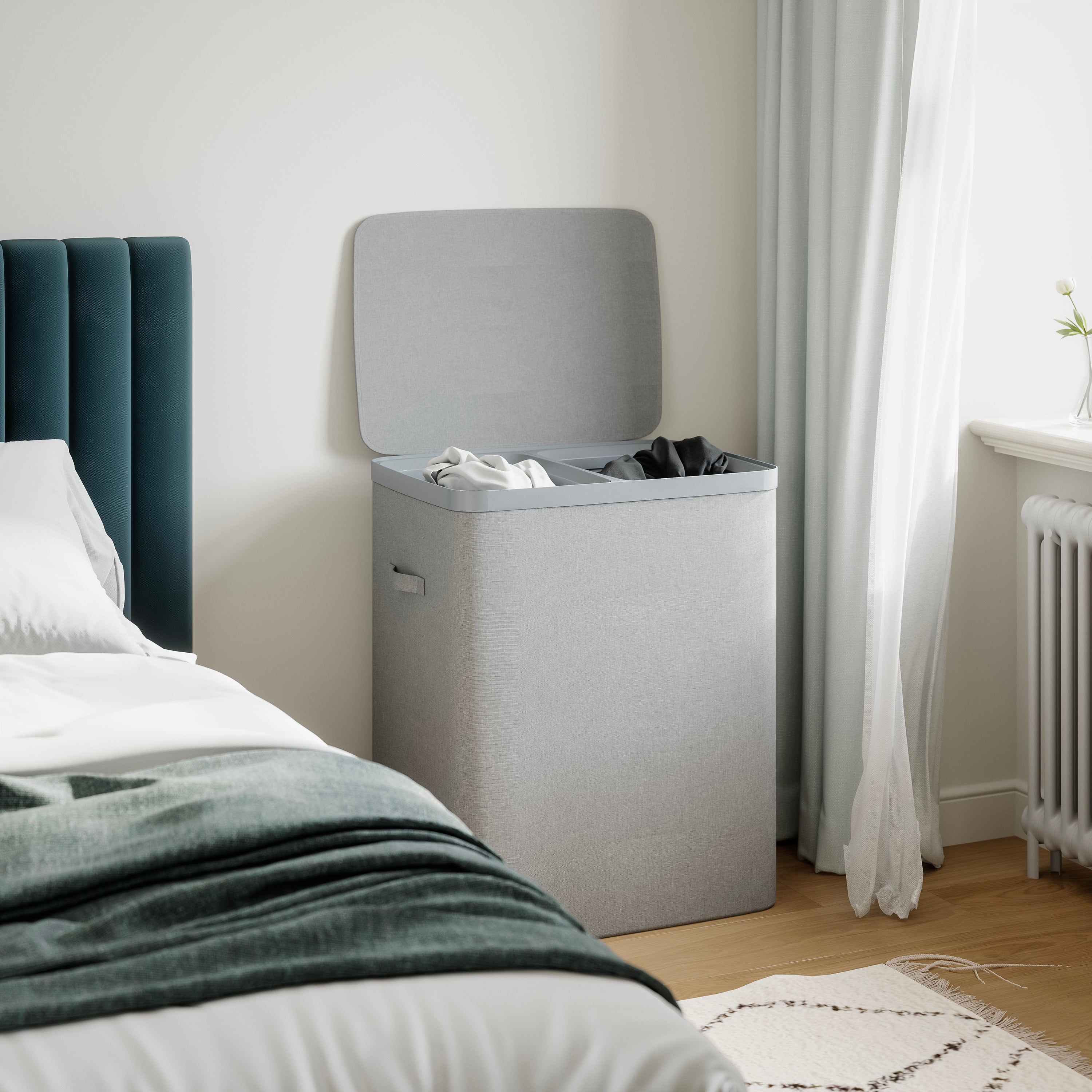 MAZAZU Wasmand met 2 Vakken - 100 Liter - Wassorteerder met Deksel - Uitneembare Waszakken - Lichtgrijs - Opvouwbare Wasbox voor Badkamer & Slaapkamer - 56×40×67 cm