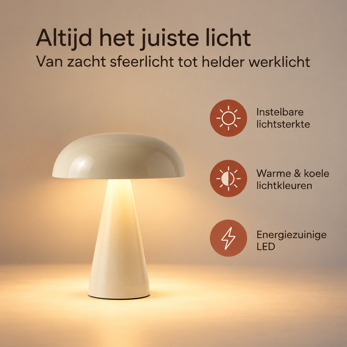 OMNIEXA Tafellamp, Amandelkleur, Dimbaar & Draadloos, 3 Lichtstanden, LED Designlamp met TouchControl – foto 6