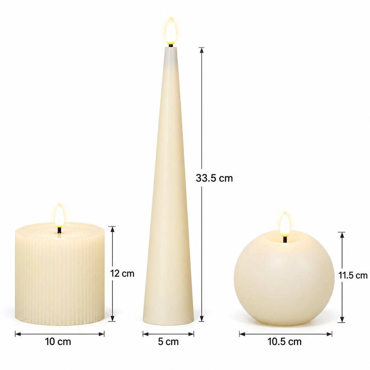 OMNIEXA LED Kaarsen Set van 3, Echte Was met 3D-vlam, Afstandsbediening en 6-uurs Timer – Geribbelde Stompkaars, Kegelkaars 33,5 cm & Bolkaars, Crème