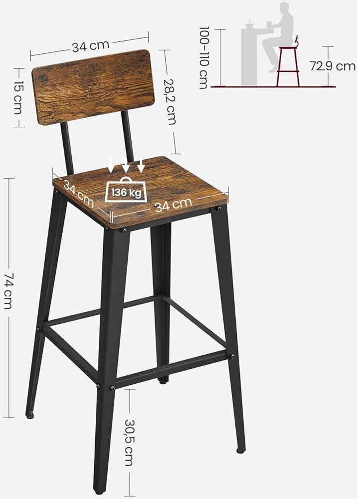 VASAGLE Vintage Barkrukkenset 2 stuks- zwart/bruin