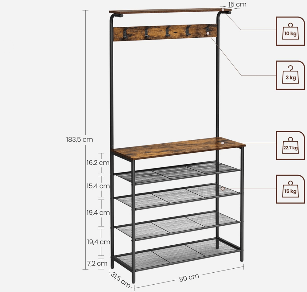 VASAGLE Industrieel Kapstok 4 laags Qalara