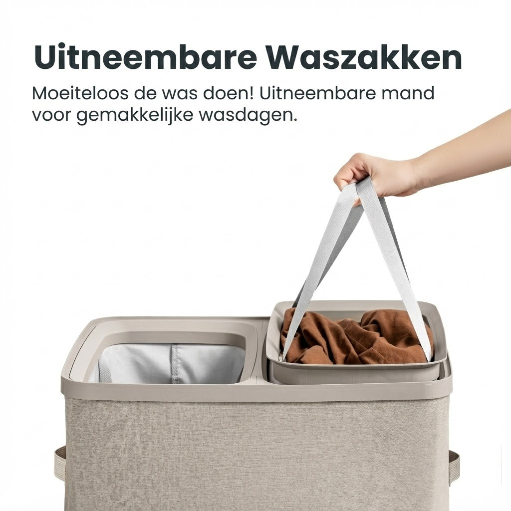 MAZAZU Wasmand 2 Vakken 100L – Deksel & Wassorteerder met Uitneembare Zakken - Beige