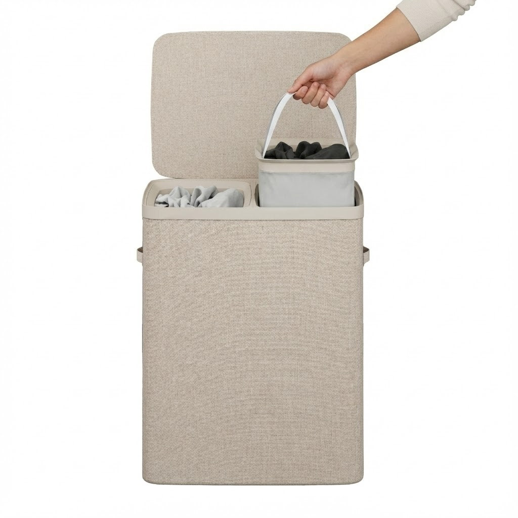 MAZAZU Wasmand 2 Vakken 100L – Deksel & Wassorteerder met Uitneembare Zakken - Beige
