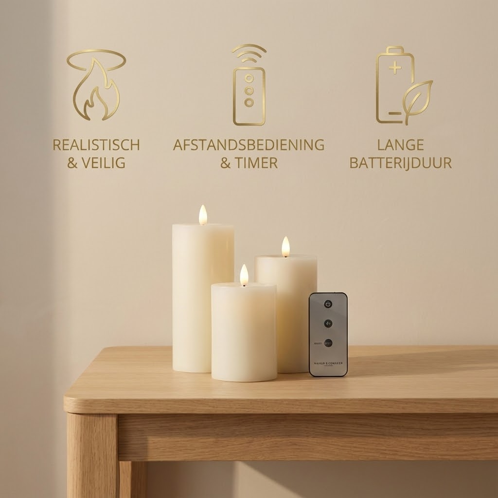 OMNIEXA LED Kaarsen Set (3 Stuks) - Echte Was - Glad Design met Gesmolten Top - Creme - Met Afstandsbediening & Timer - 3D Vlam