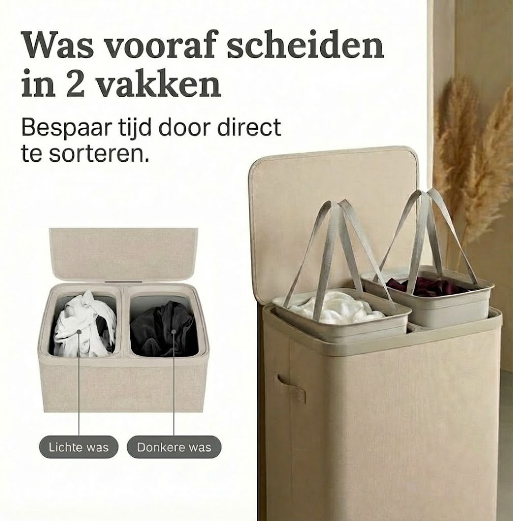 MAZAZU Wasmand 2 Vakken 100L – Deksel & Wassorteerder met Uitneembare Zakken - Beige