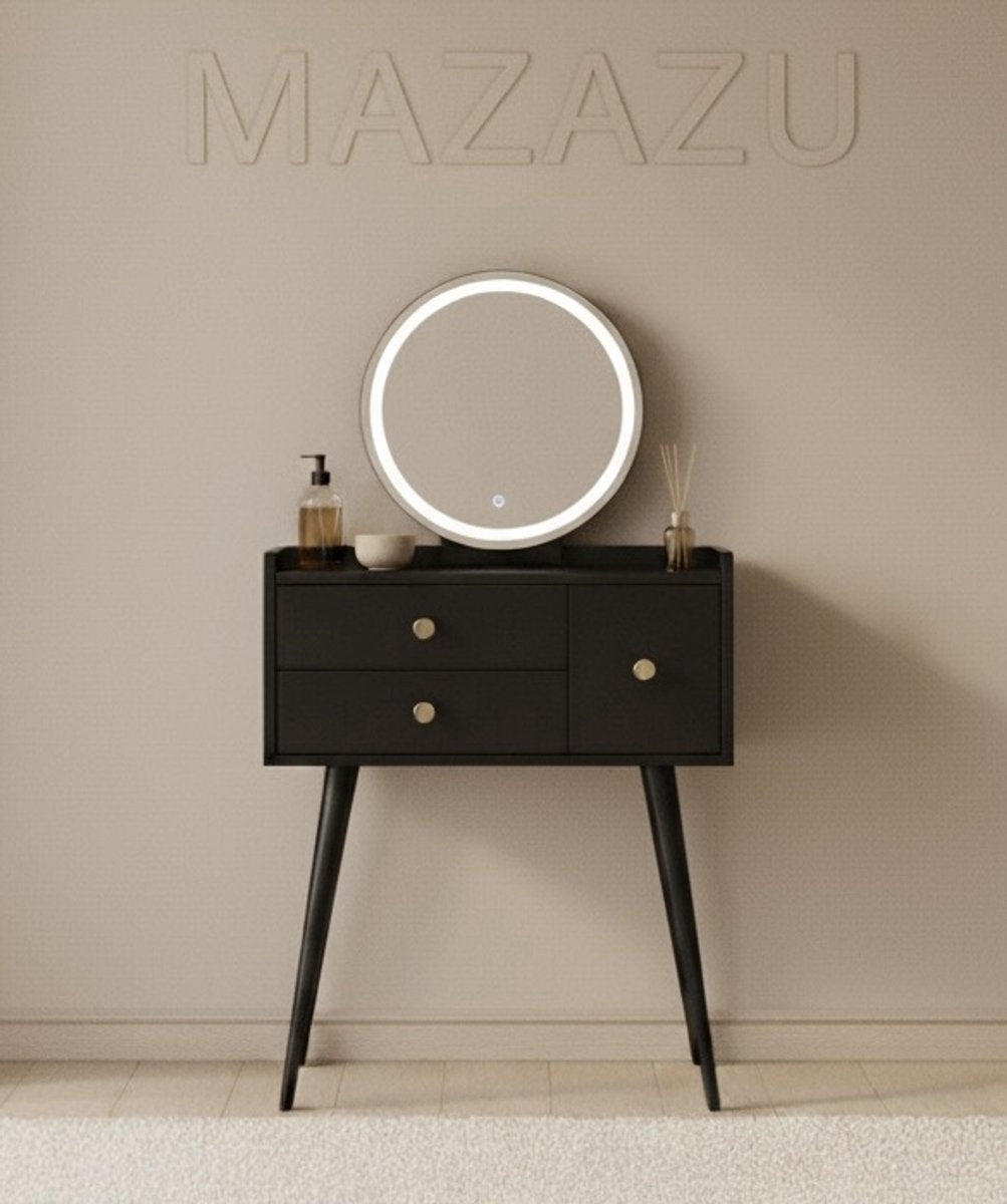 MAZAZU kaptafel Alain in matzwart met ronde LED-spiegel