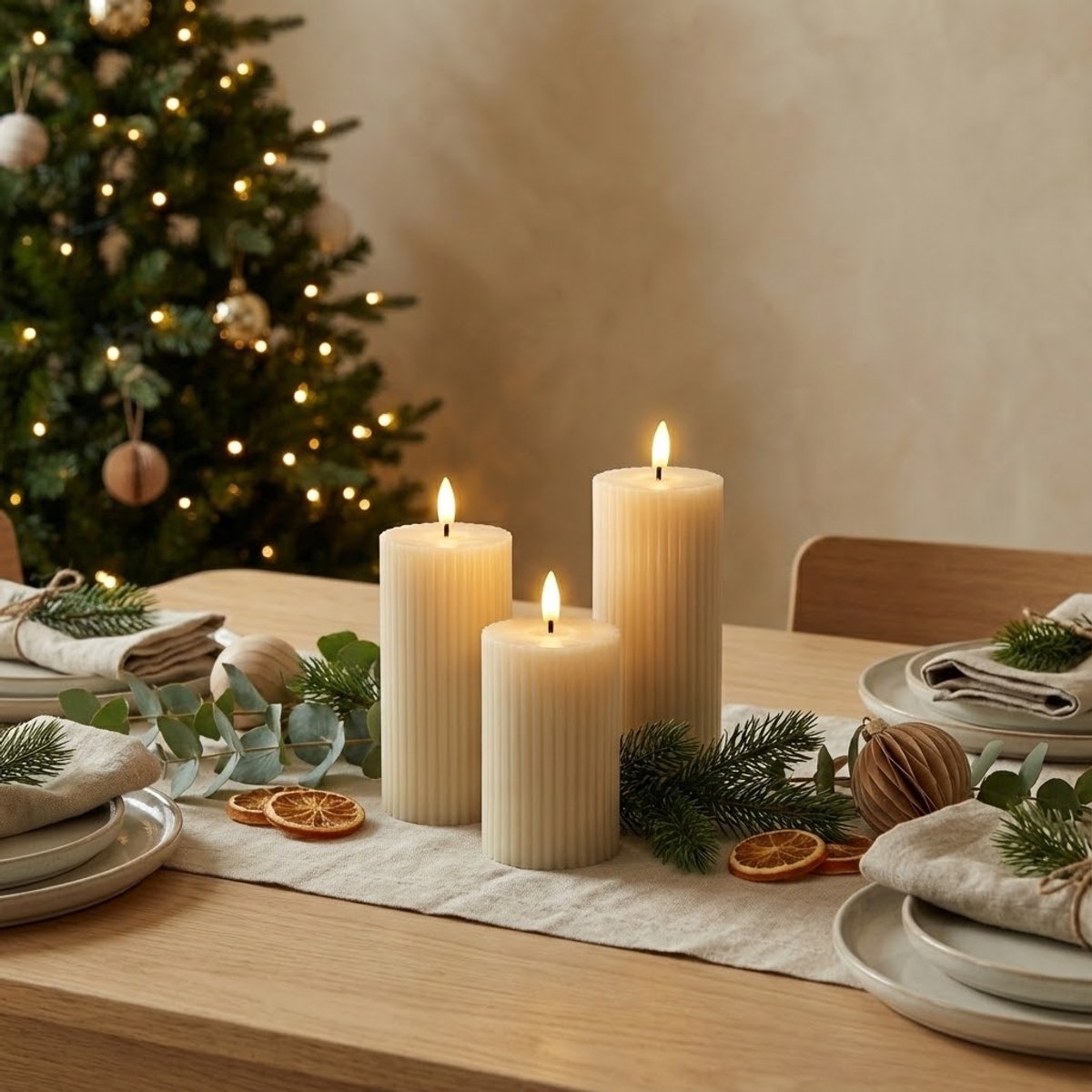 OMNIEXA LED stompkaarsen set ribbed crème op een feestelijk gedekte tafel
