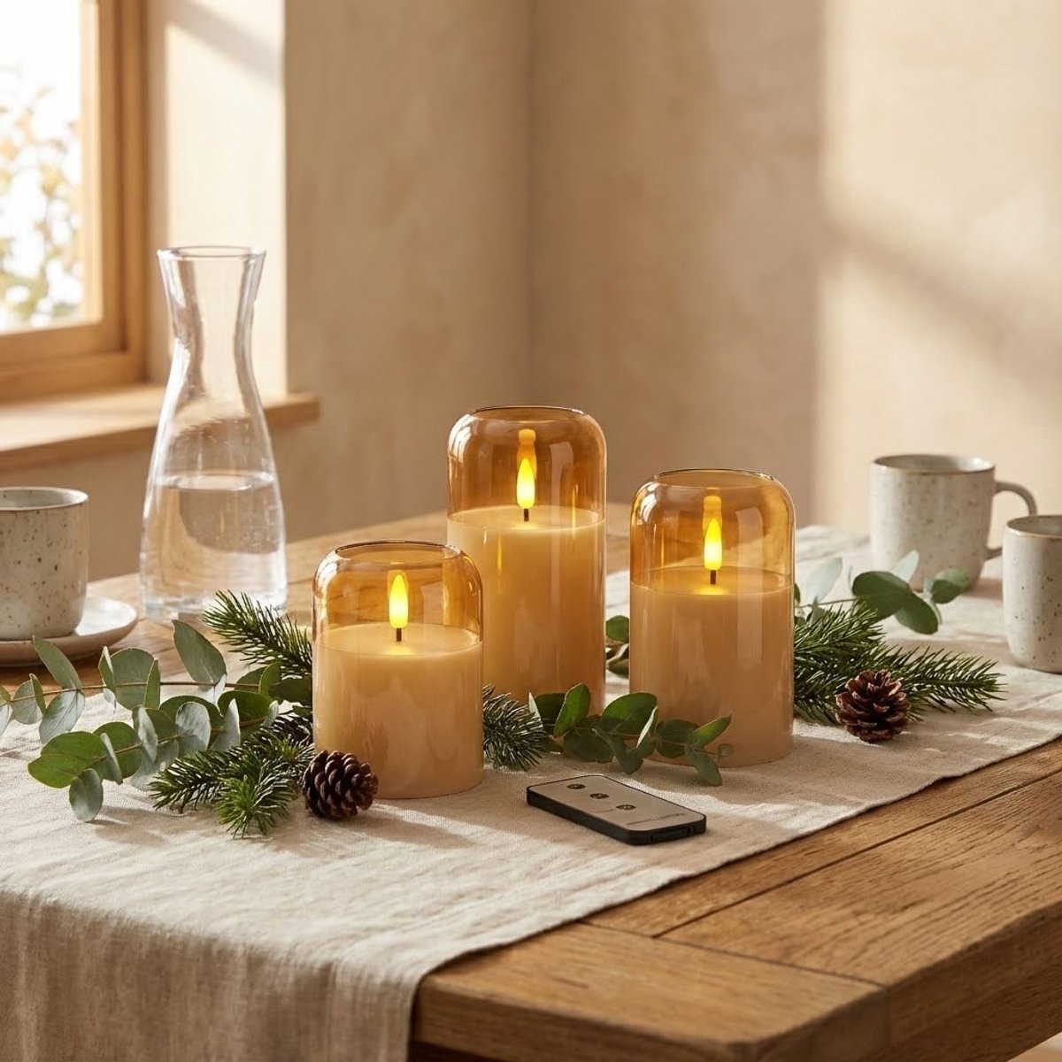 OMNIEXA LED glaskaarsen set goud/amber op een houten tafel met dennentakken