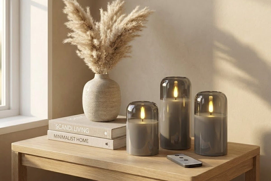 OMNIEXA LED glaskaarsen smoked grey met afstandsbediening op een houten tafel