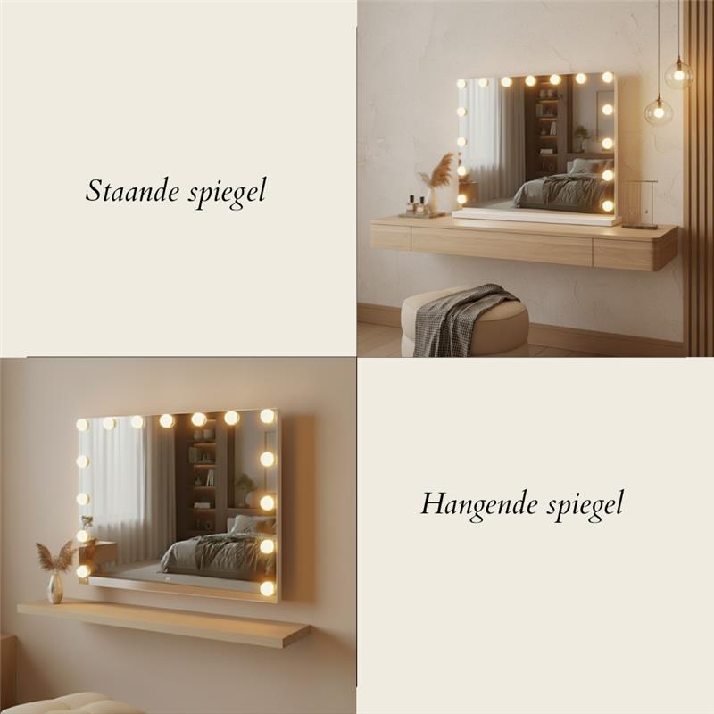 OMNIEXA Hollywood spiegel Camille wit 58 cm staand op een kaptafel en hangend aan de muur