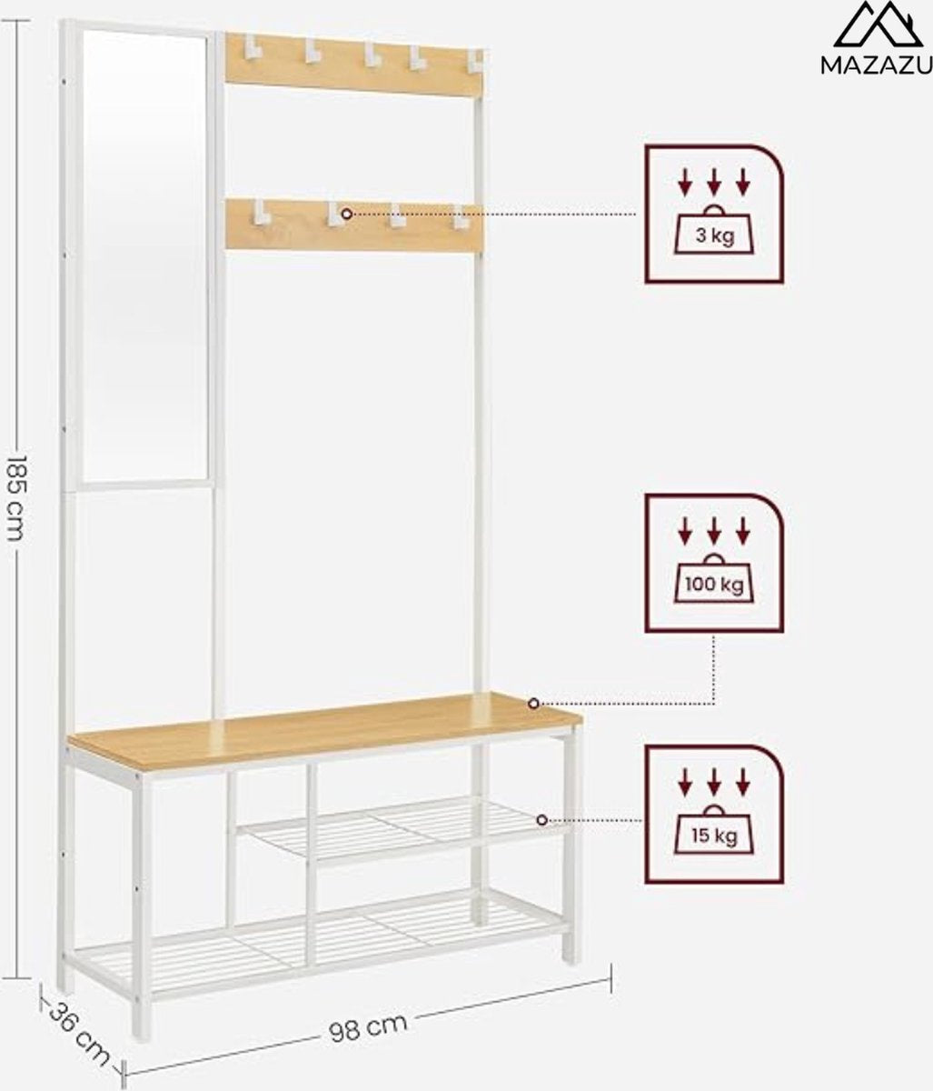 MAZAZU Industriele Kapstok + Spiegel Bruin/Wit Quinara
