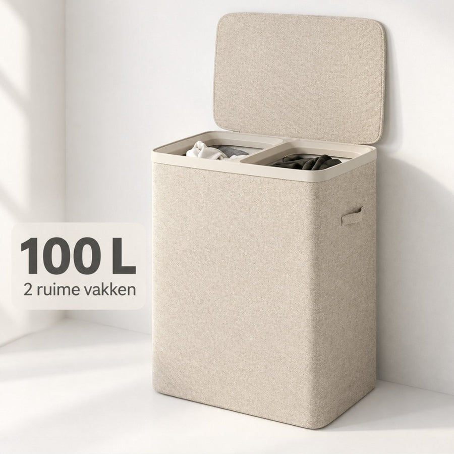 MAZAZU Wasmand 2 Vakken 100L – Deksel & Wassorteerder met Uitneembare Zakken - Beige