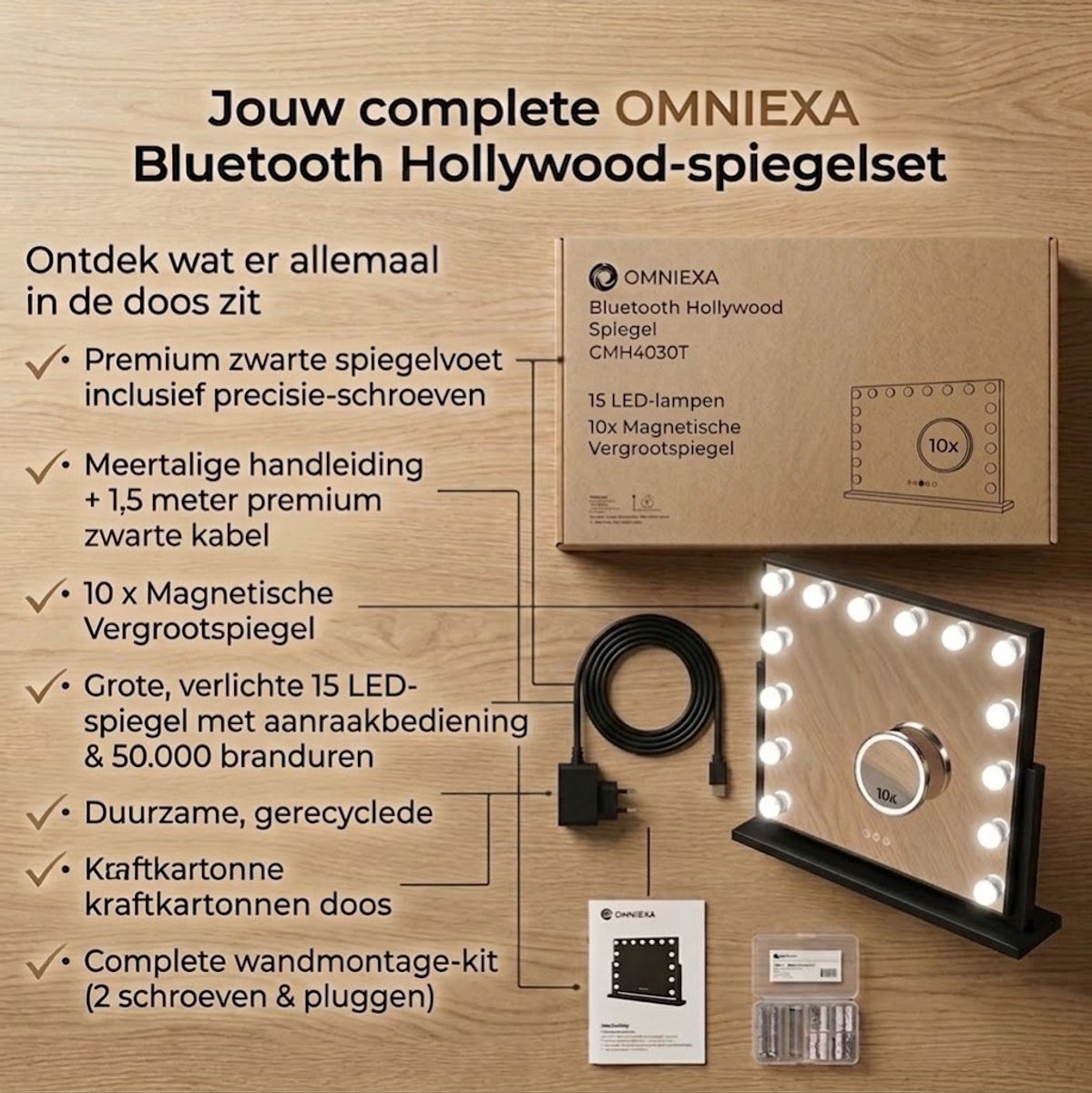 Hollywood Spiegel Zwart LED 58cm