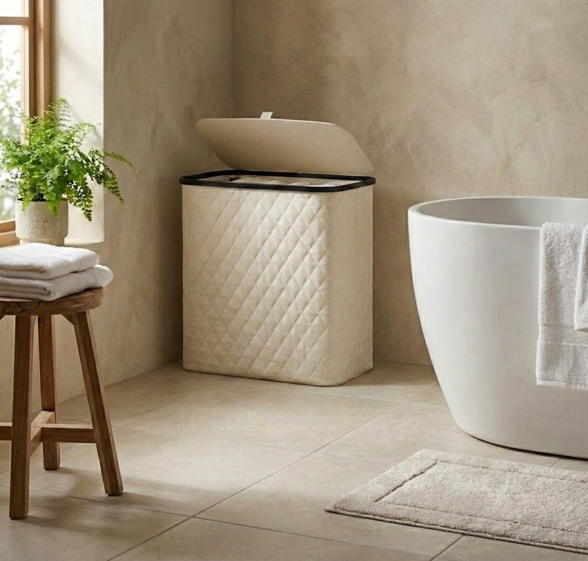 MAZAZU Wasmand met Deksel & Uitneembare Waszak - XXL 132 Liter - Diamond Stitch - Bamboe Frame - Crème Wit - 57x37x63 cm