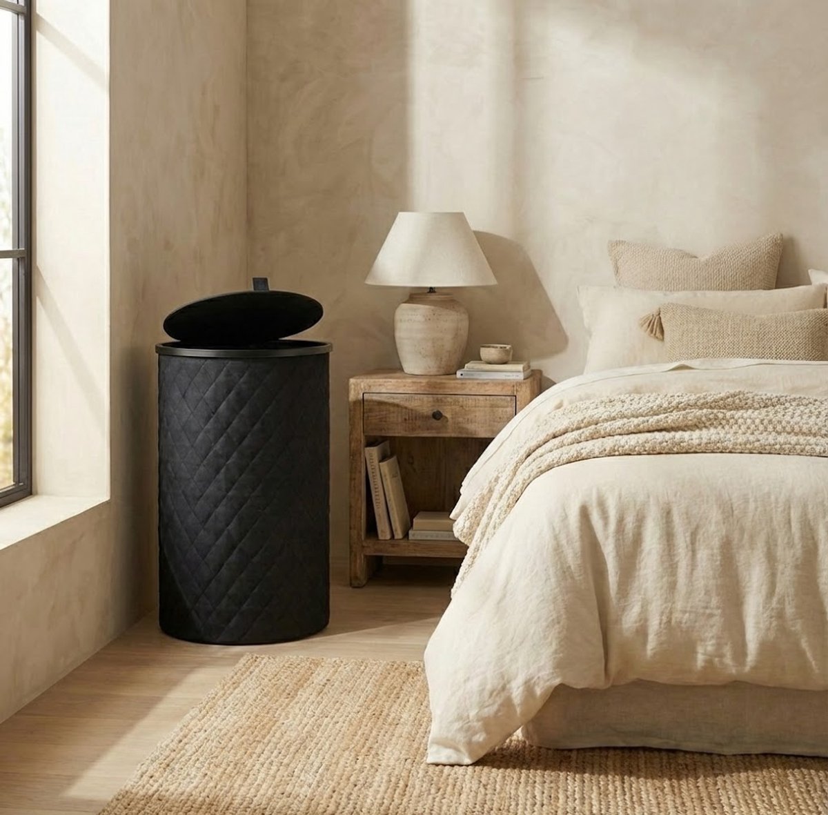 MAZAZU Wasmand Rond - 99 Liter - Diamond Stitch - Zwart - Met Deksel & Uitneembare Waszak - Hoog & Smal Design - 38x69 cm