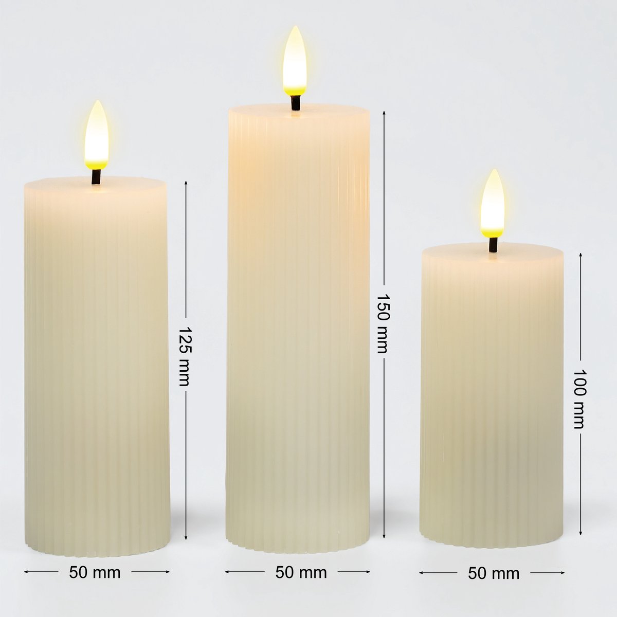 OMNIEXA LED Stompkaarsen Set (3 Stuks) - Ribbed Design Crème