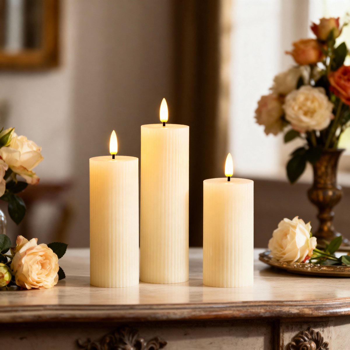 OMNIEXA LED Stompkaarsen Set (3 Stuks) - Ribbed Design Crème