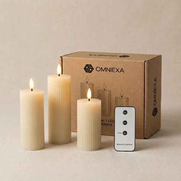 OMNIEXA LED Stompkaarsen Set (3 Stuks) - Ribbed Design Crème